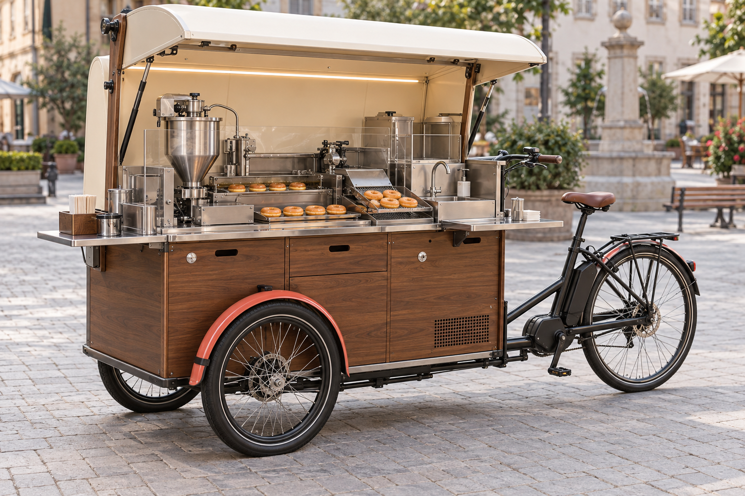Mobiles Donut-Bike auf einem sonnigen Stadtplatz