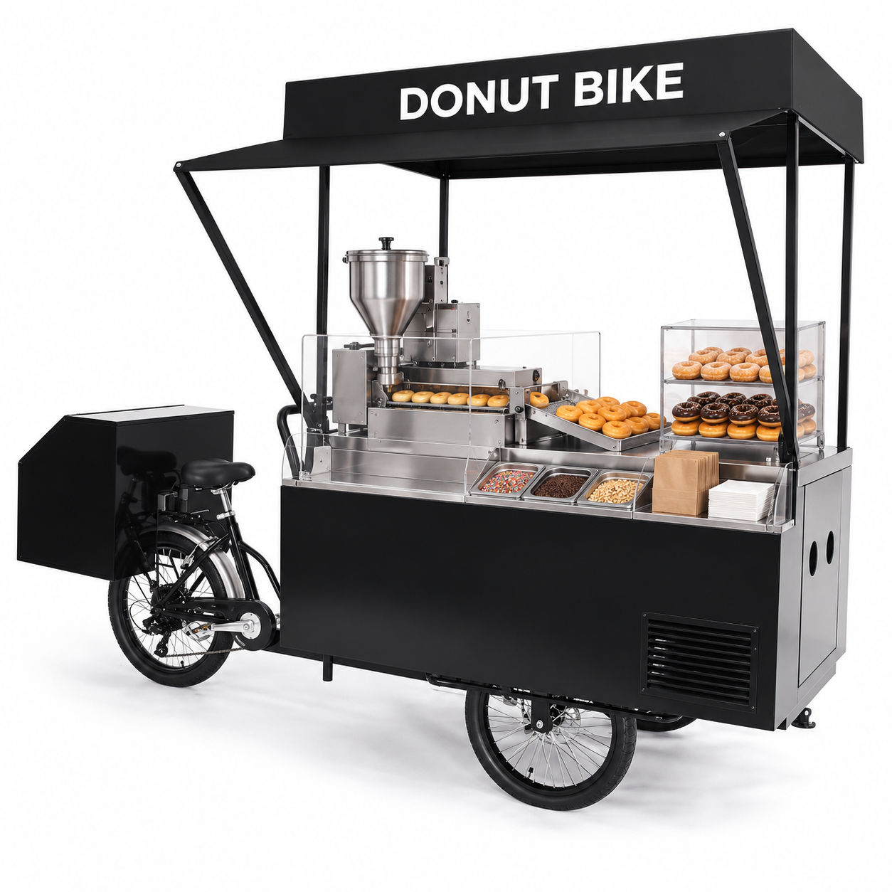 Schwarzes Donut-Bike mit Donutmaschine und Auslage
